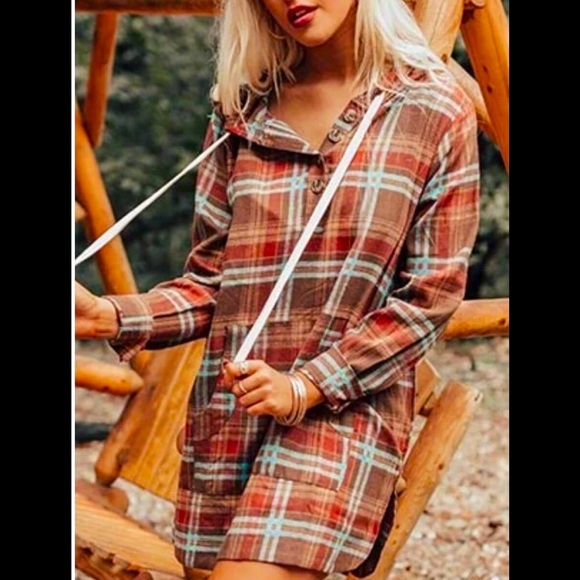 Hooded Flannel Button Design Kangaroo Pocket Loose Long Sleeve Shirt Dress - Picture 5 of 12